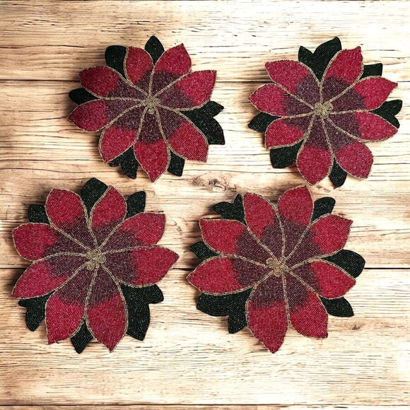 Vintage Beaded Poinsettia Holiday Placemats Set Of 4‎ Red/Green/Gold Chargers - Picture 1 of 7